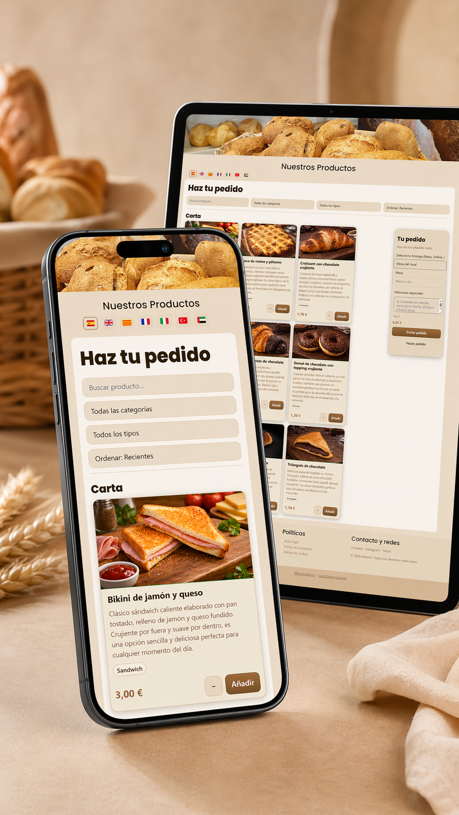 Ejemplo de carta digital en móvil y tablet para una panadería