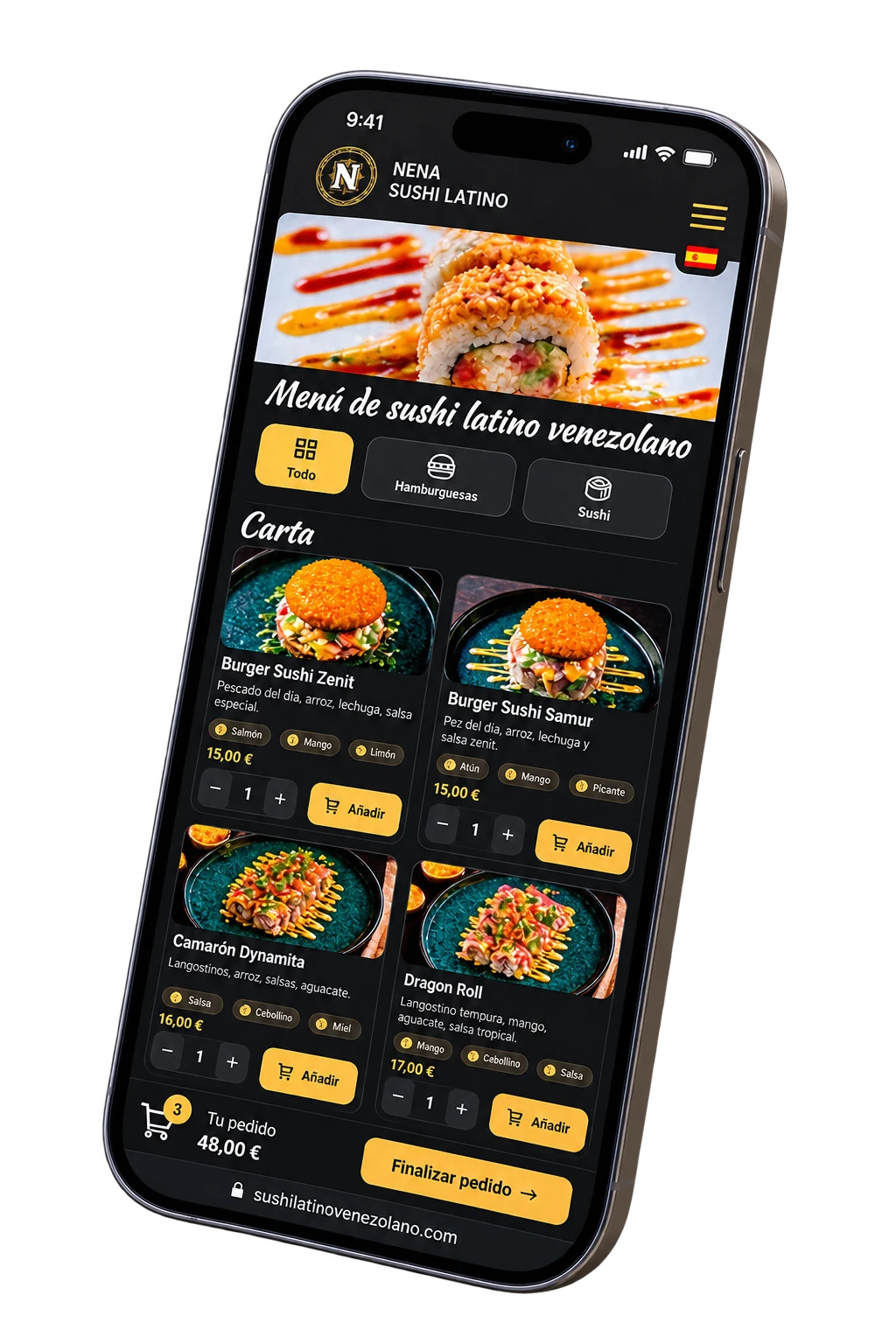Vista de carta digital para restaurantes