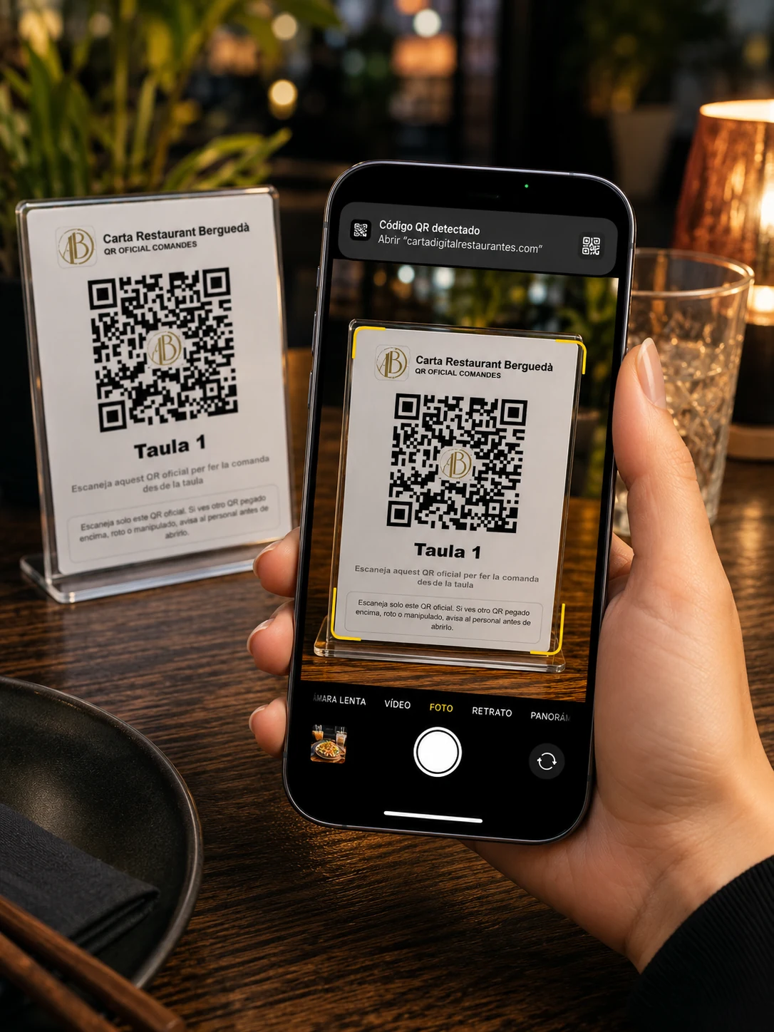 Escaneando QR desde la mesa para abrir la carta digital